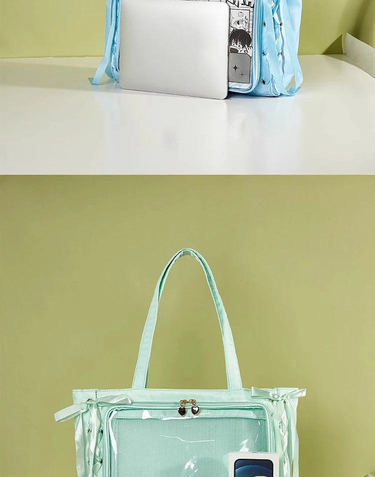 Japanese Large Capacity Satin Ribbon Ita Bag Sweet Girl Anime Transparent Tote Bag Lolita Shoulder Bags Clear Pvc Handbags