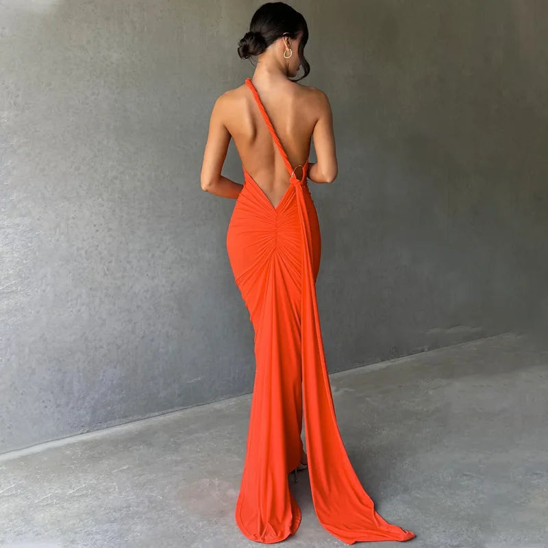 Womens Elegant Evening Party Cocktail Long Dress Sexy Backless Open Back Ruched Slim Bodycon Formal Wedding Guest Maxi Dress Badiee Stylez