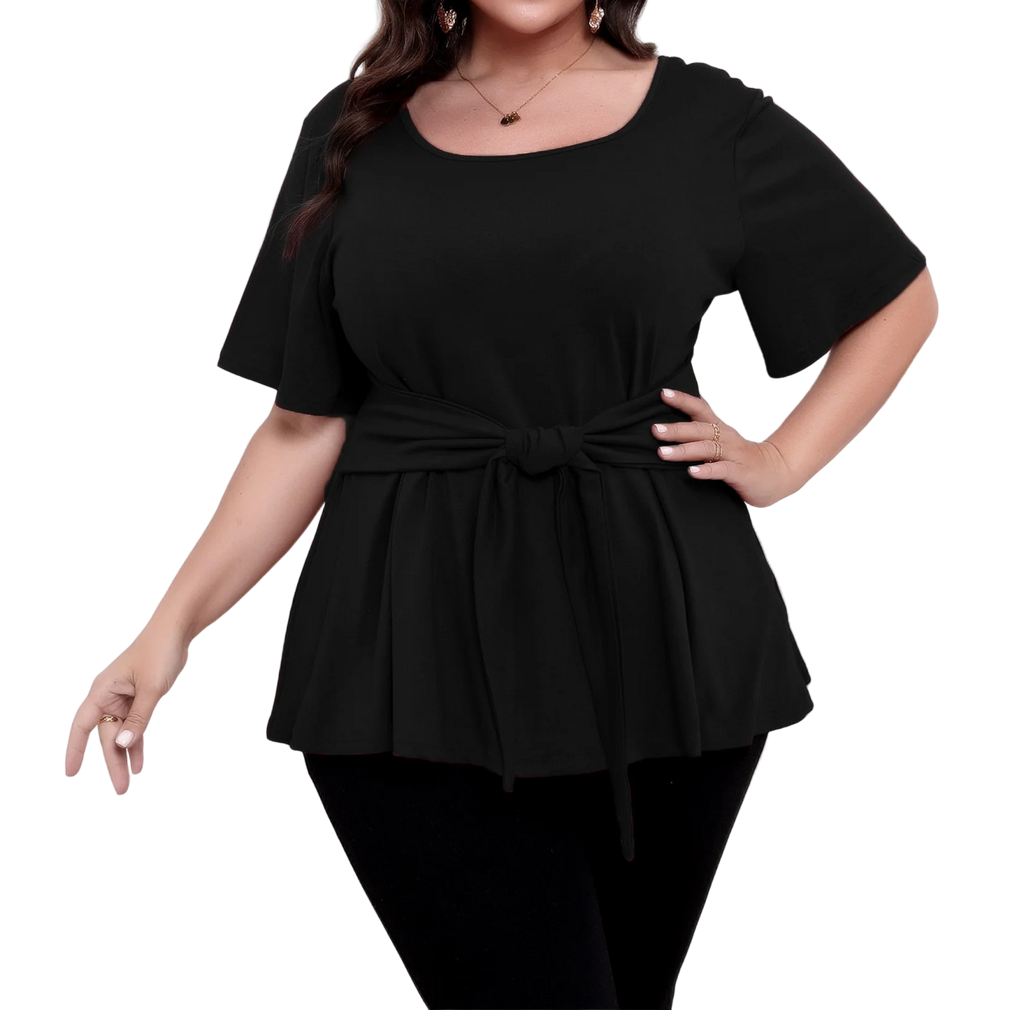 Plus size top women's short sleeve round neck belted t-shirts spring summer ladies casual T-shirt tops solid color pullover