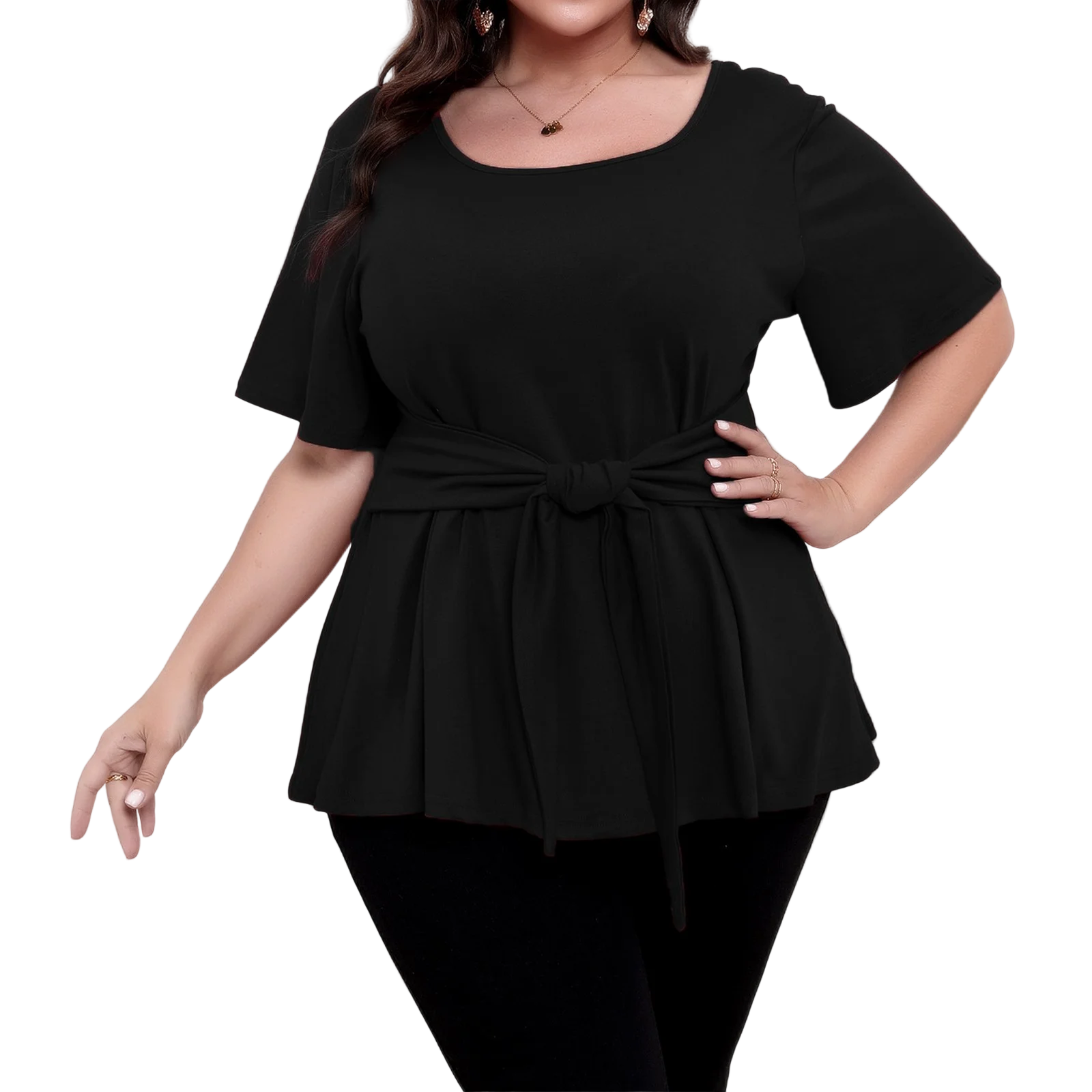 Plus size top women's short sleeve round neck belted t-shirts spring summer ladies casual T-shirt tops solid color pullover