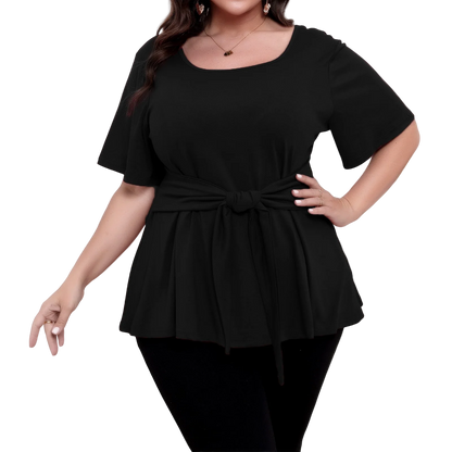 Plus size top women's short sleeve round neck belted t-shirts spring summer ladies casual T-shirt tops solid color pullover