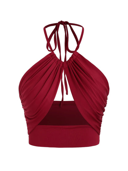 Europe and the United States solid color hanging neck small tube top hollowed out umbilical slim hot girl suspender vest wine red