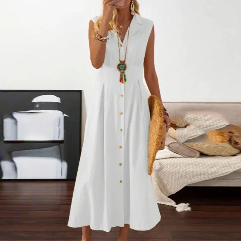 New Dresses 2025 Woman Fashion Lapel A-line Vintage Cotton Linen Long Skirt Women's Clothing Tops