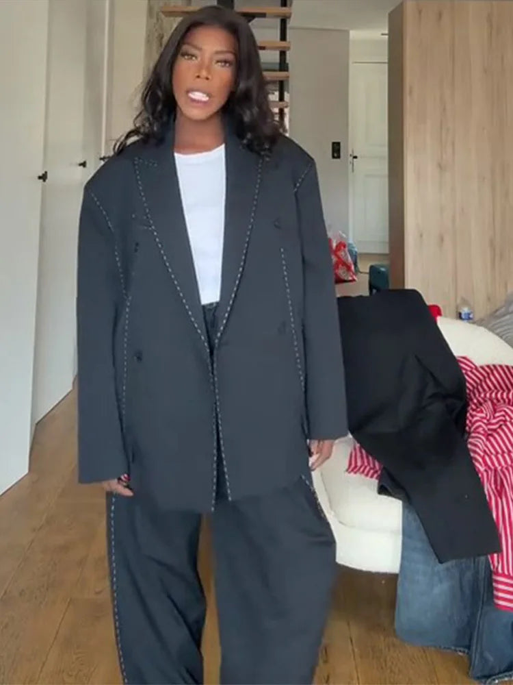 Casual Women's Blazer Pant Suits Loose Lapel Doube-Breasted Top Straight Pants Lady Set 2025 Autumn New 2 Pieces Sets Women Badiee Stylez