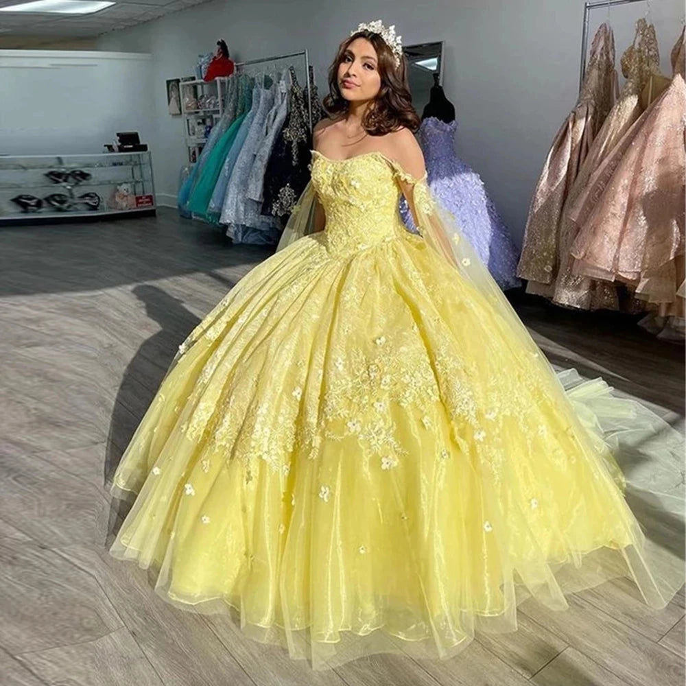 Yellow Ball Gown Quinceanera Dresses Vestidos De 15 Anos Fashion Off-Shoulder Sweet 16 Princess Party Gown Badiee Stylez