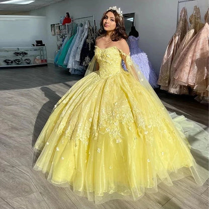 Yellow Ball Gown Quinceanera Dresses Vestidos De 15 Anos Fashion Off-Shoulder Sweet 16 Princess Party Gown Badiee Stylez