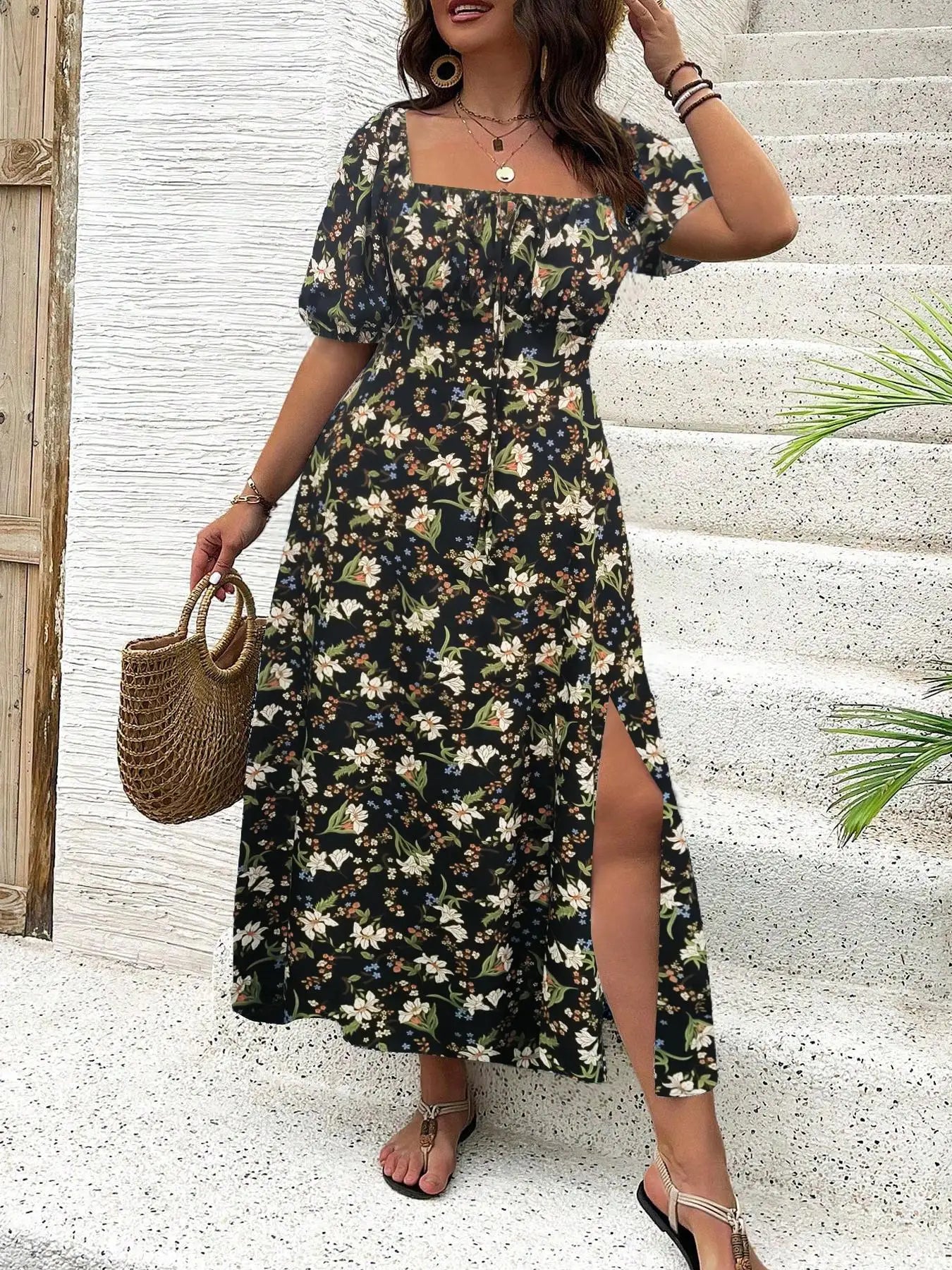 【Plus Size】 Ditsy Floral / All Over Print Split Thigh Dress, Casual Puff Sleeve Tie Front Dress, Women Plus Clothing for Summer