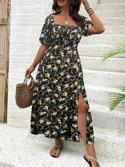 【Plus Size】 Ditsy Floral / All Over Print Split Thigh Dress, Casual Puff Sleeve Tie Front Dress, Women Plus Clothing for Summer