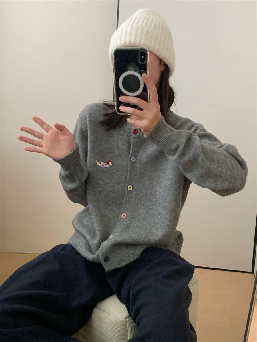 Women Knitwear Chic Embroidery Loose Casual Cardigan Autumn Winter Soft Elegant O-neck Sweaters Commute Basic Knitted Tops