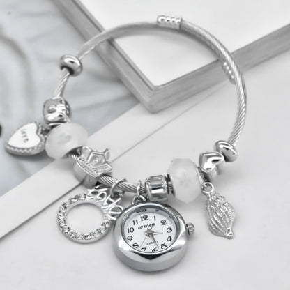 Fashion Women's Bracelet Watch Love with stylish decor refined round quartz watch silvery casual elegance Silvery-2