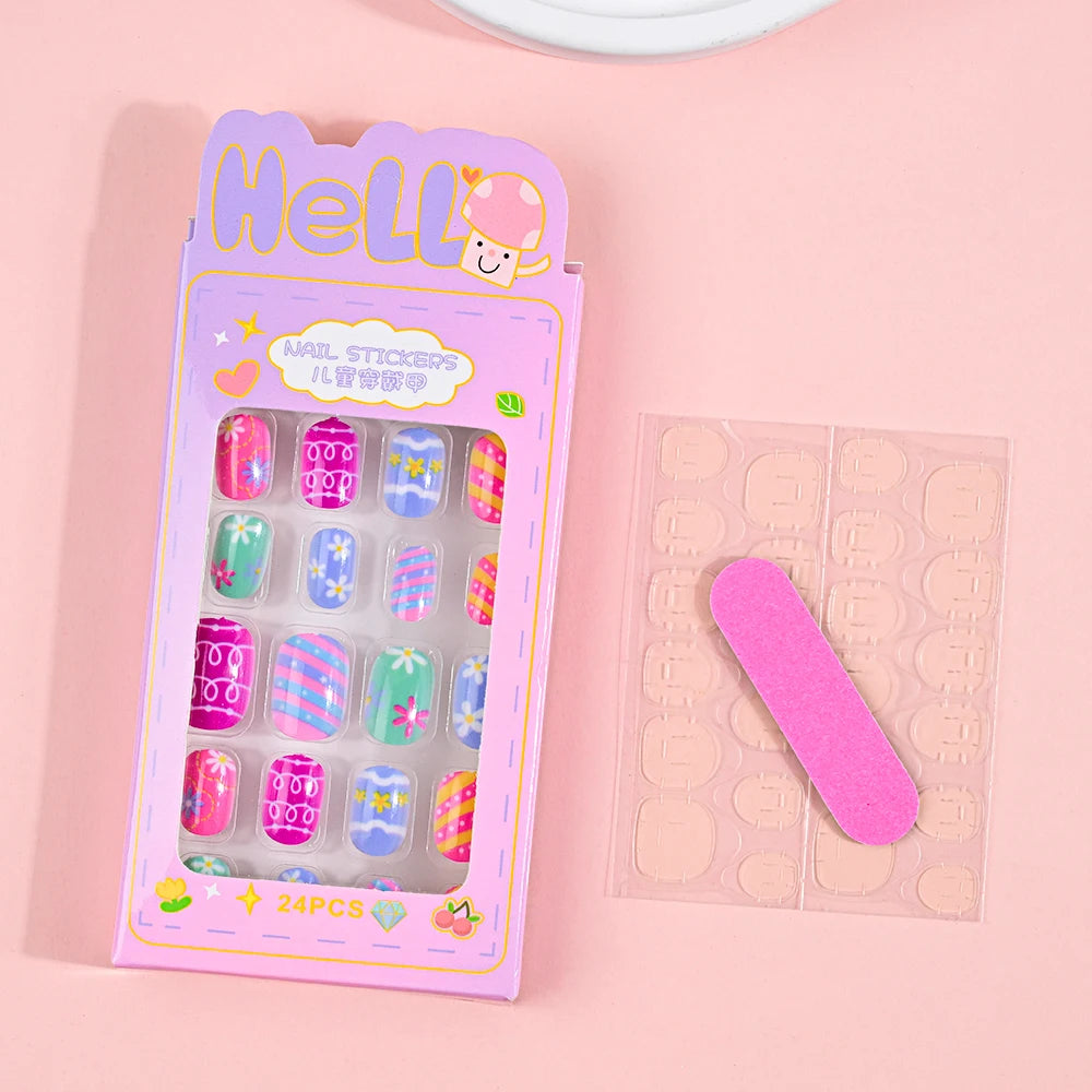 24Pcs Children Cartoon Nail Tips Colorful Cute Rabbit Pink Stars 6-14 Years old Girl Fake Nail With Jelly Glue Kids False Nail TC0013-2