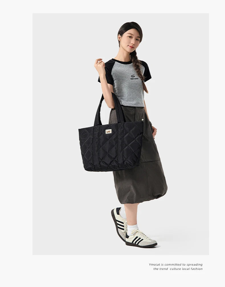 LEE Large Soft Puffer Bag Women Big Size College Students Laptop Book Quilted Tote Bag Lady Down-filled Shopping School Bags