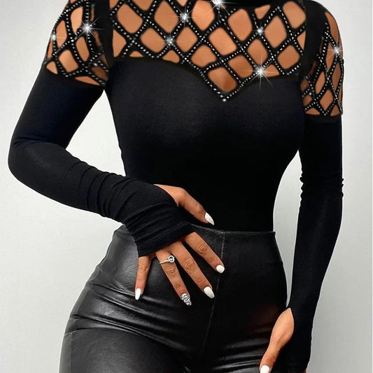 Women Hollow Out Hot Drilling Stitching Slim Top Long Sleeve Sexy Summer T Shirt Tops Black