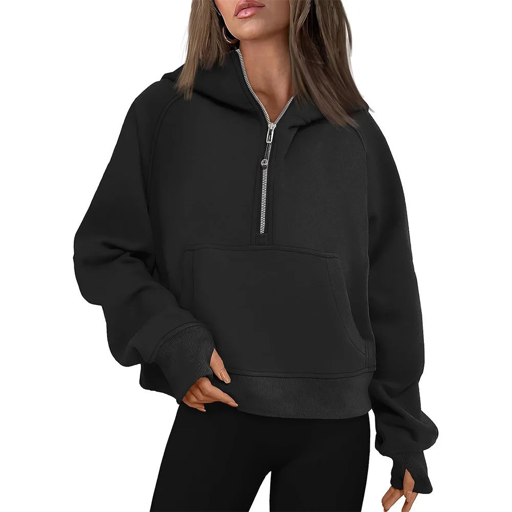 Half Zip Sweatshirts Cropped Hoodies Fleece Womens Quarter Zip Up Pullover Sweaters Fall Outfits 2024 Winter Clothes black