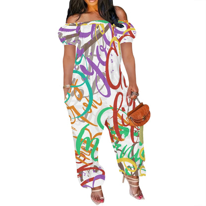 Women Plus Size One Piece Outfits Leopard Print Off Shoulder Short Sleeve Loose Long Pants Jumpsuits Badiee Stylez