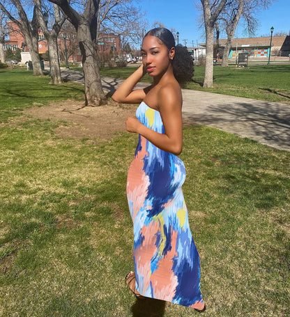 Spring And Summer Dresses For Women Chest Wrap Printed Off Shoulder Bandage Slim Sexy Long Dress 2023 New Fashion party MsChuh