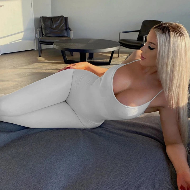 Dulzura Solid Bodycon Strap Jumpsuit For Women Bodycon Sexy Streetwear Fall Winter Skinny Rompers Sportswear Wholesale Items WHITE