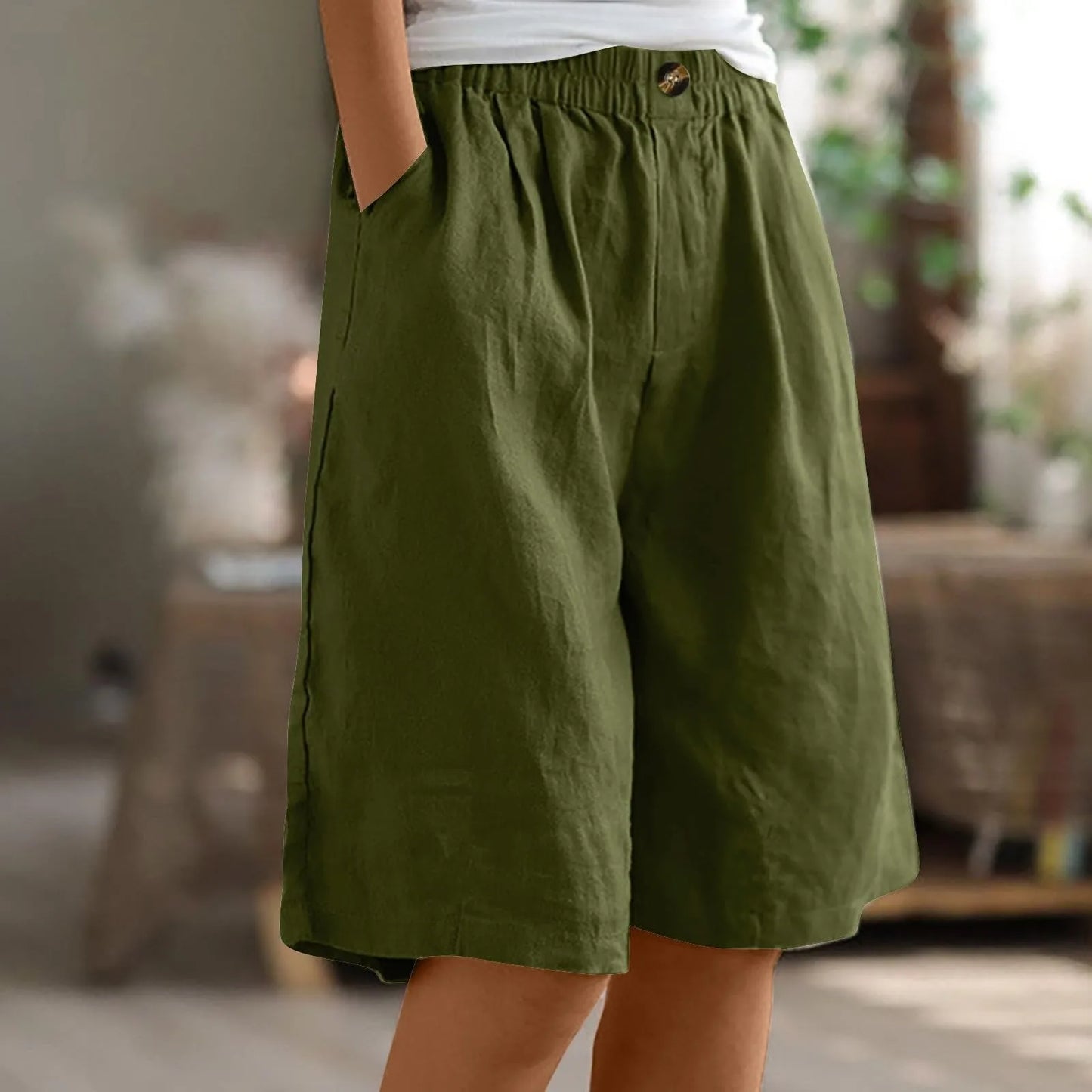 Female Fashion Solid Color Elastic High Waist Pocket Button Up Loose Cotton Linen Five Length Shorts Summer Soft Comfort Pants Army Green