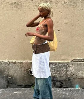 Niche personality printed sexy women's suspender vest summer retro chic low collar street casual slim color contrast T-shirt