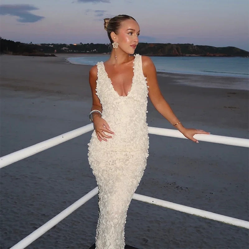 Sexy 3D Flower Deep V-neck Dress Women Slim Sleeveless Backless Split Hip Package Midi Dresses 2025 Spring Ladies New Vestidos