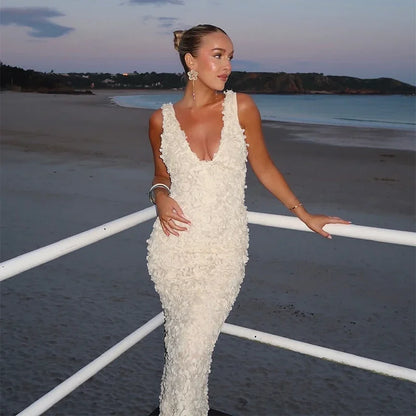 Sexy 3D Flower Deep V-neck Dress Women Slim Sleeveless Backless Split Hip Package Midi Dresses 2025 Spring Ladies New Vestidos