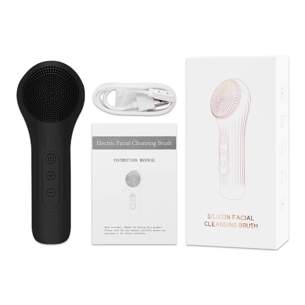 Sonic Silicone Facial Brush Cleaner Vibration Roller Massage Pore Deep Cleansing Scrubber Waterproof Face Exfoliating Cleanser black