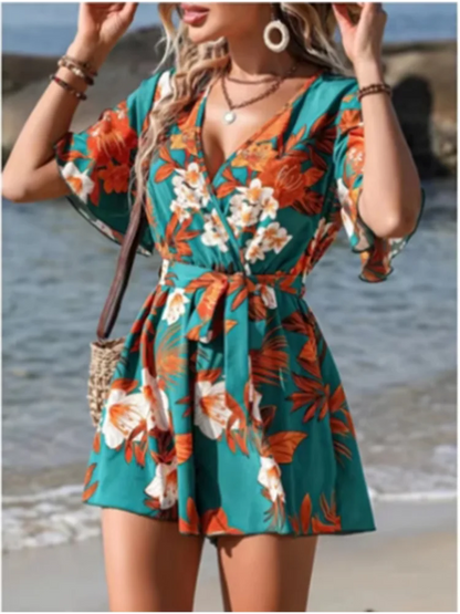 Printed V-neck Short Sleeve Jumpsuit Women Loose High Waisted Jumpsuit Beach Vacation Comfortable Summer Clothes