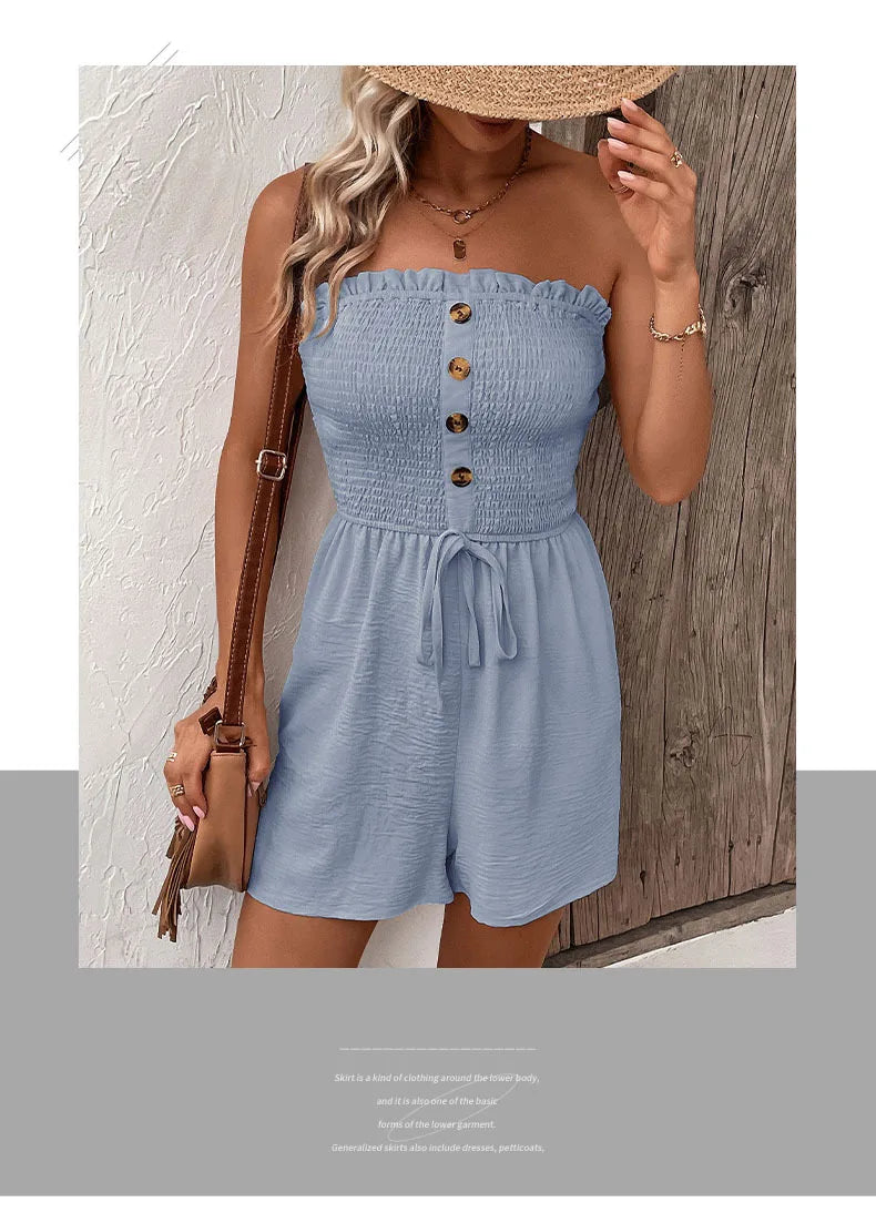 Summer Fashion Splicing Women's Solid Color Sexy Sleeveless Bra Button Tie Waist Casual Comfortable Jumpsuit Shorts 3/4