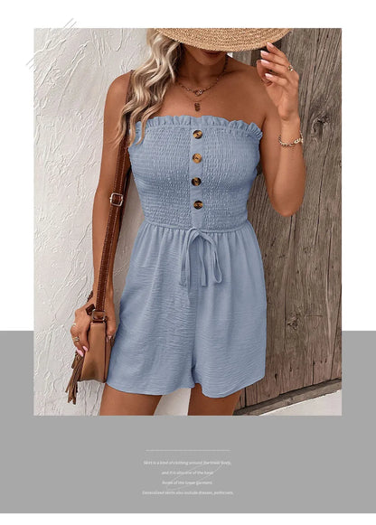 Summer Fashion Splicing Women's Solid Color Sexy Sleeveless Bra Button Tie Waist Casual Comfortable Jumpsuit Shorts 3/4