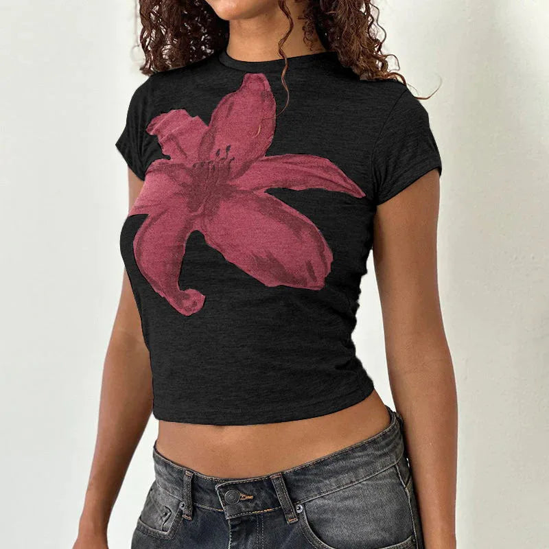Floral Print Short Sleeve T-Shirt 2025 Women's Sexy Slim Fit BM Top Hot Girl Trendy Streetwear Casual Fashion black