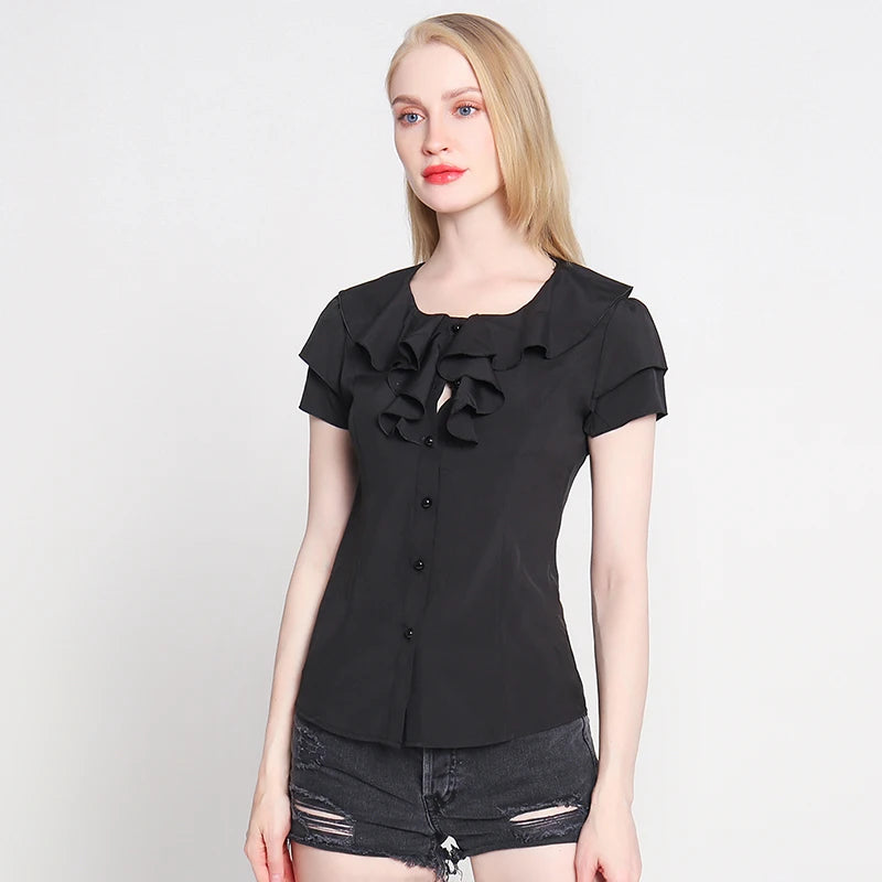 New Arrival 2024 Chiffon Short Sleeve Female Blouse Shirt Fashion Ruffles Ladies White Black Office Blouses Women Clothes