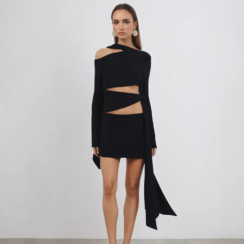 Nsauye Women New Fashion Halter Long Sleeve Mini Hollow Out Irregular Dress Outfits Elegant Sexy Night Club Lace Up Party Dress