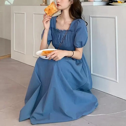 Summer Women Dress Pleated Shirring Square Neck Short Sleeve Bubble Sleeve Ladies Dress Solid Color Loose Hem Midi Dress