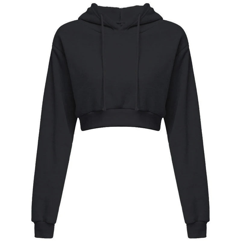 New Fashion Women Hoodie Sweatshirt Short Top Coat Sport Pullover Hooded Tops Female Autumn Winter Clothes Crop Top Hoodie black