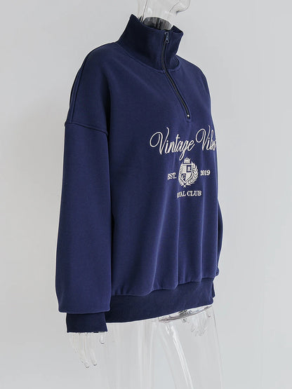 Vintage Letter Embroidery Sweatshirt Women Zipper Lapel Collar Long Sleeve Sweatshirts Autumn Streetwear Fashion Sport Pullovers