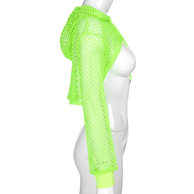 CIBBAR Street Style Fishnet Holes T Shirt See Through Hollow Out Hooded Full Sleeve Crop Top Women Casual Loose Shirt Smock Fall