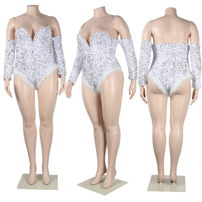 Women's Elegant Sequined Feather Slim Patchwork Bodysuits Spring Summer New Sexy Bodysuits Women Long Sleeve Backless Bodysuits