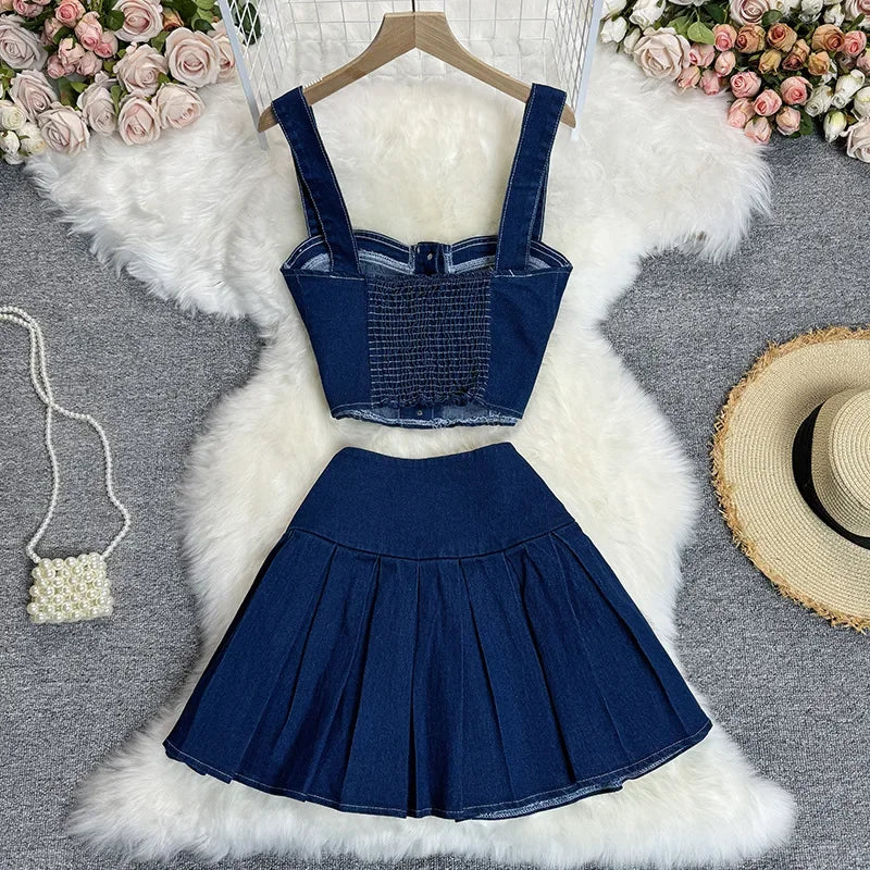Two Piece Sets Women Sexy Dress Sets Skirt Set Sling Sleeveless Casual Denim Tops Short Skirts A Line Elegant Splice Y2k Summer