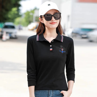 European Station Polo Neck Long sleeved T-shirt Women's Summer New High end Luxury Pure Cotton Loose Fashion Casual Large Top