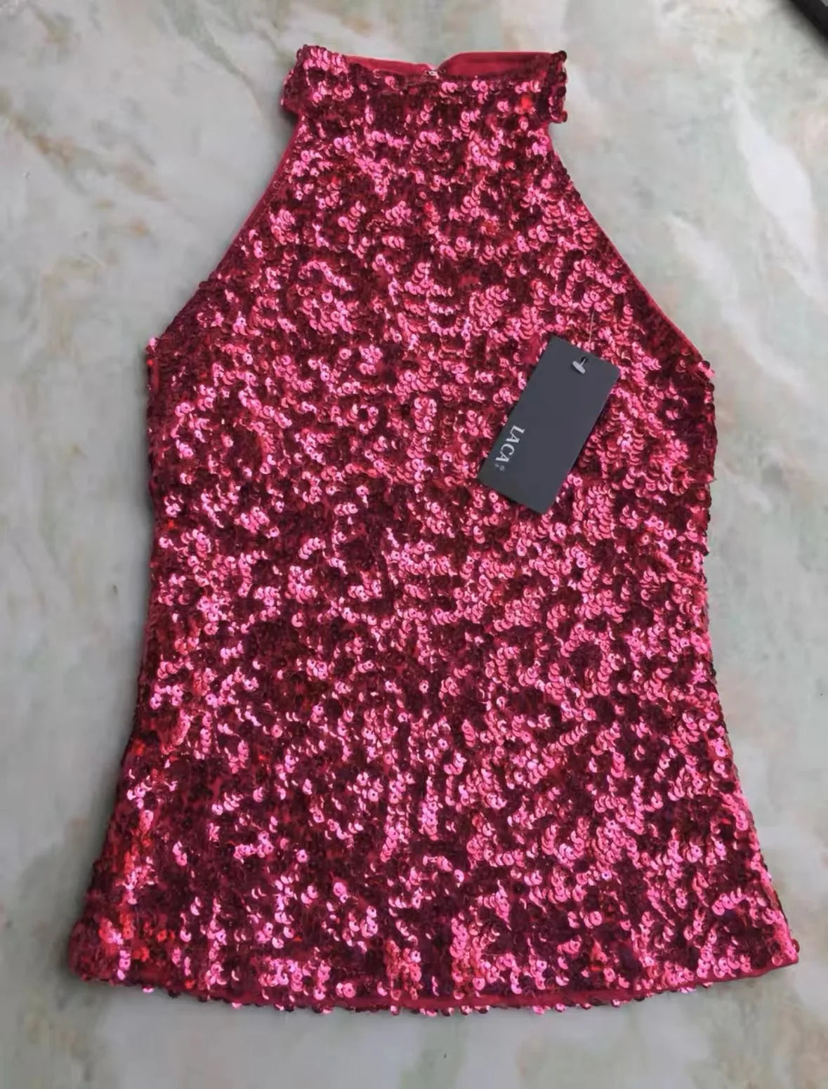 Sequins Women Fashion Shimmer Flashy Embellished High Quality Halter Neck Sleeveless Vest Sexy Tank Top Clubwear Stage Perform Rose Red One Size