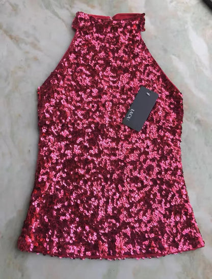 Sequins Women Fashion Shimmer Flashy Embellished High Quality Halter Neck Sleeveless Vest Sexy Tank Top Clubwear Stage Perform Rose Red One Size