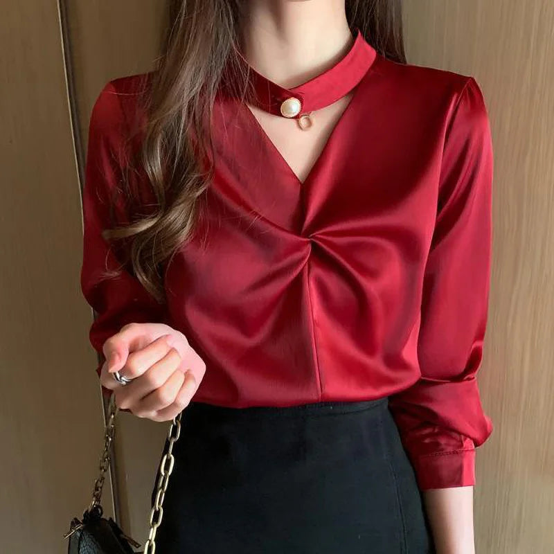 Satin Beading Halter V-Neck Woman Blouses 2022 Spring New Elegant Fashion Office Lady Long Sleeve Loose Commuter Shirts Female Red