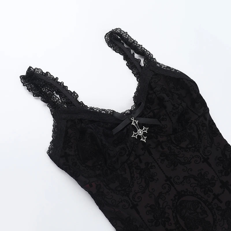 Goth Sexy Lace Corset Crop Tops Camis Y2K Harajuku Aesthetic Black Red Cross Basic Tank Top Summer Women Grunge Emo Streetwear