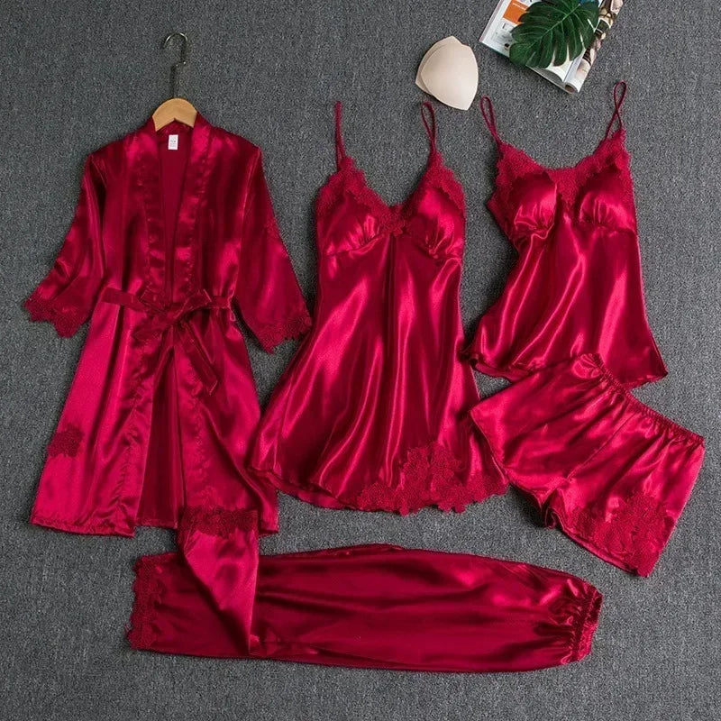 5-piece Set of Women's Sleepwear Sexy Silk Nightgown Lace Satin Nightgown V-neck Vest Breathable Comfortable Women's Nightgown Burgundy
