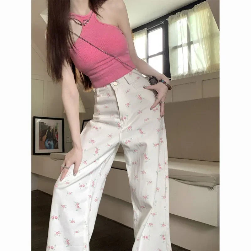 White floral straight jeans women's early autumn new thin loose high waist covered Joker slim casual wide-leg pants. jeans
