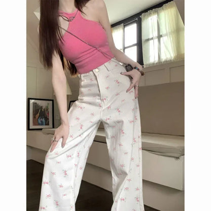 White floral straight jeans women's early autumn new thin loose high waist covered Joker slim casual wide-leg pants. jeans