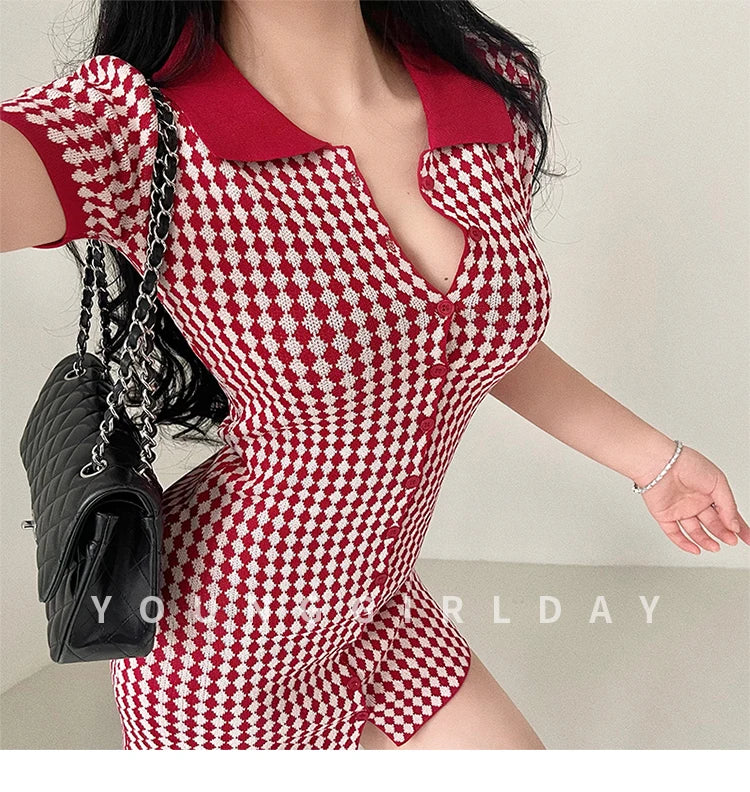 American Style Diamond Checkered Lapel Single Breasted Slim Short Sleeved Dress Elegant Tight Thin Dress T Shirt Mini Dress X0P7 Badiee Stylez
