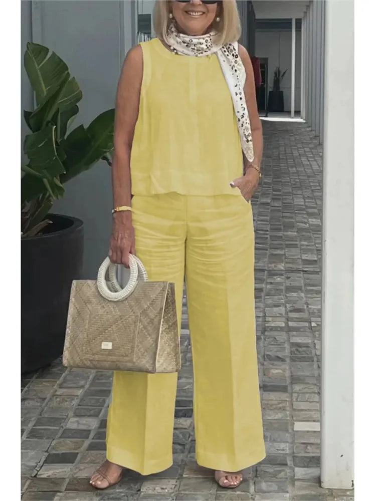 Spring Summer Cotton Linen Solid Color Sleeveless Vest Top Women Pants Suit Casual Pocket Elegant Female Office Retro 2Piece Set Yellow
