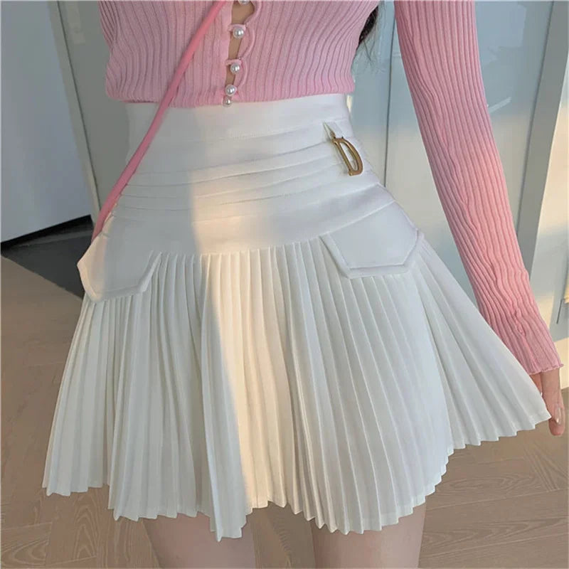 White Pleated Skirt Women High Waist Skater Skirt Female Korean A-Line High Fashion Casual Short Skirt Women Bottoms