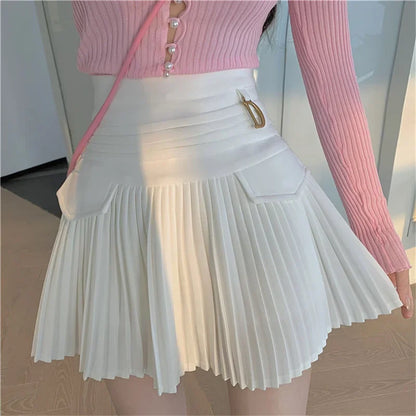 White Pleated Skirt Women High Waist Skater Skirt Female Korean A-Line High Fashion Casual Short Skirt Women Bottoms